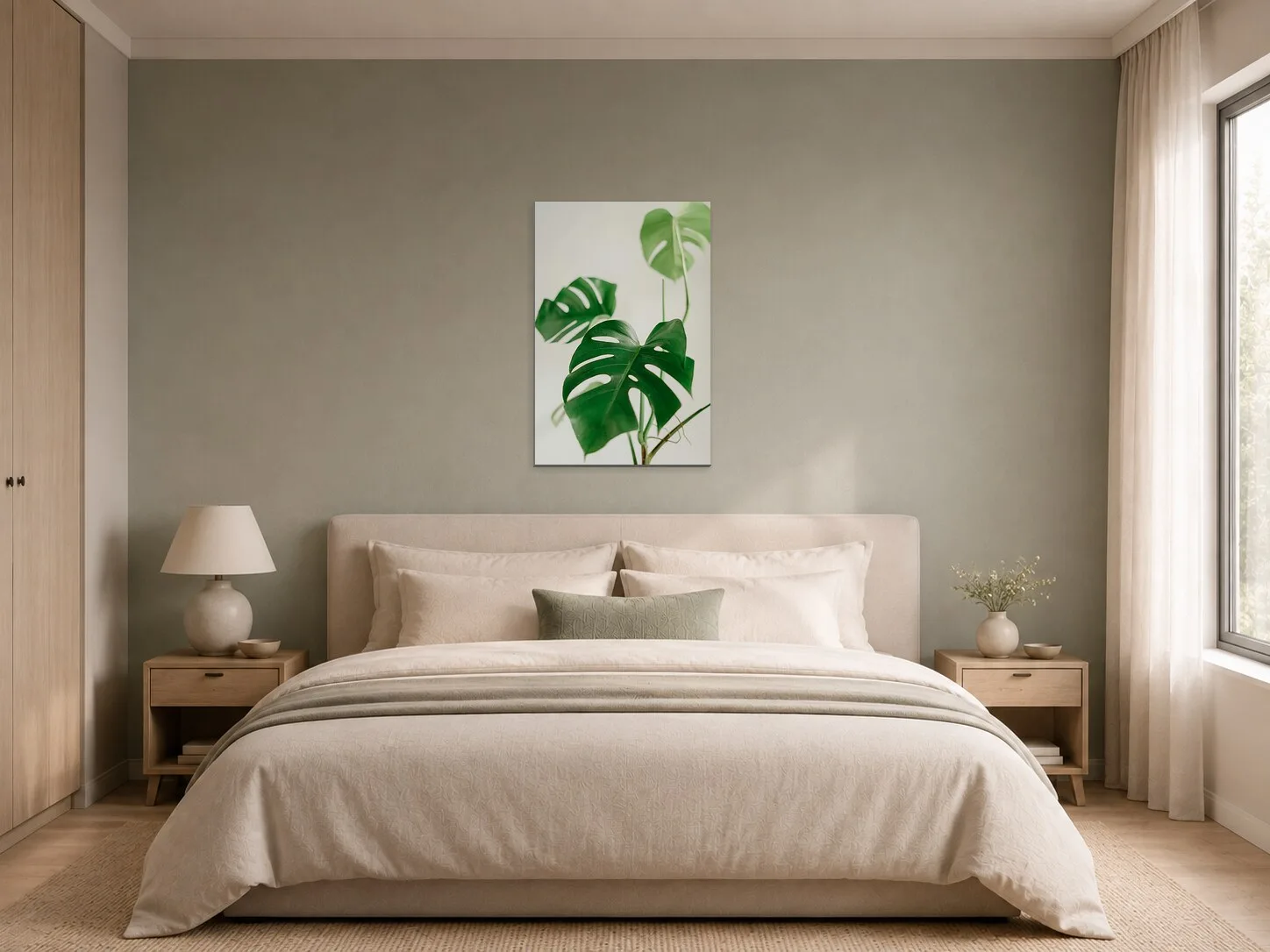 Monstera v jemných tónech v ložnici