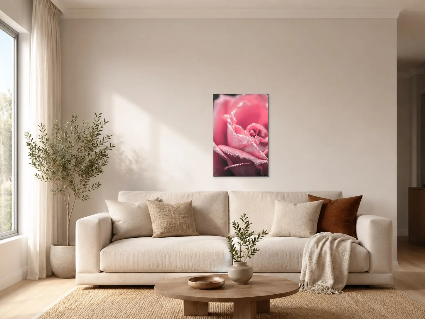 Růžová růže v ranní rose v obývacím pokoji
