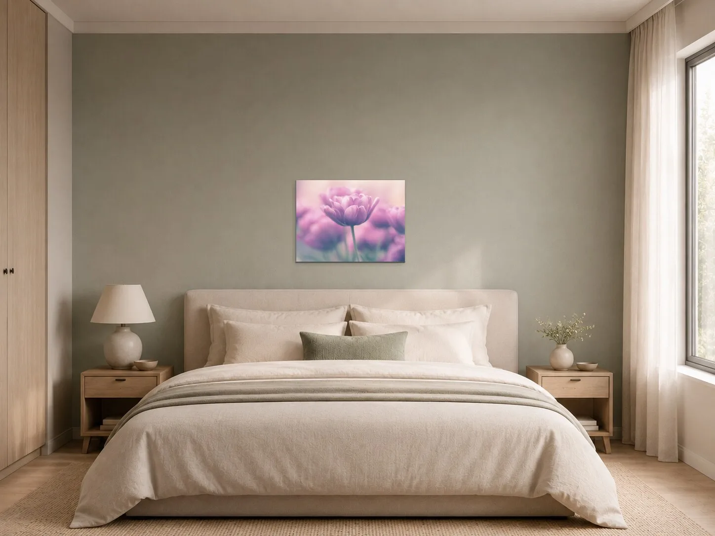Růžové tulipány v jemném oparu v ložnici