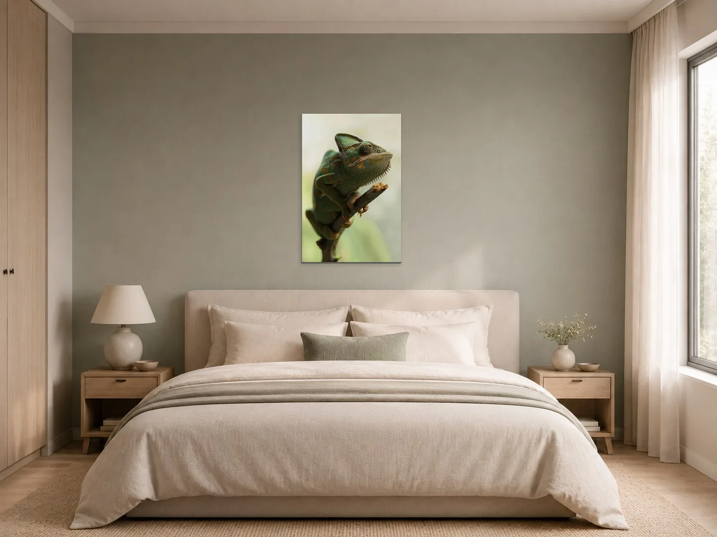 Chameleon na větvi v ložnici