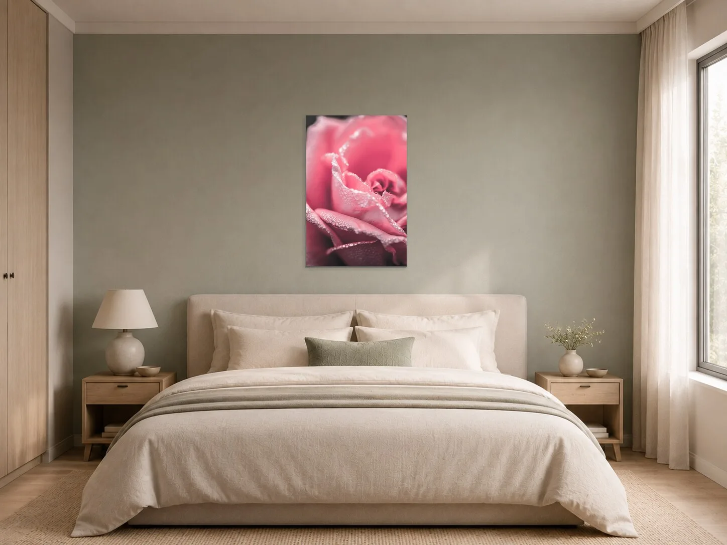 Růžová růže v ranní rose v ložnici