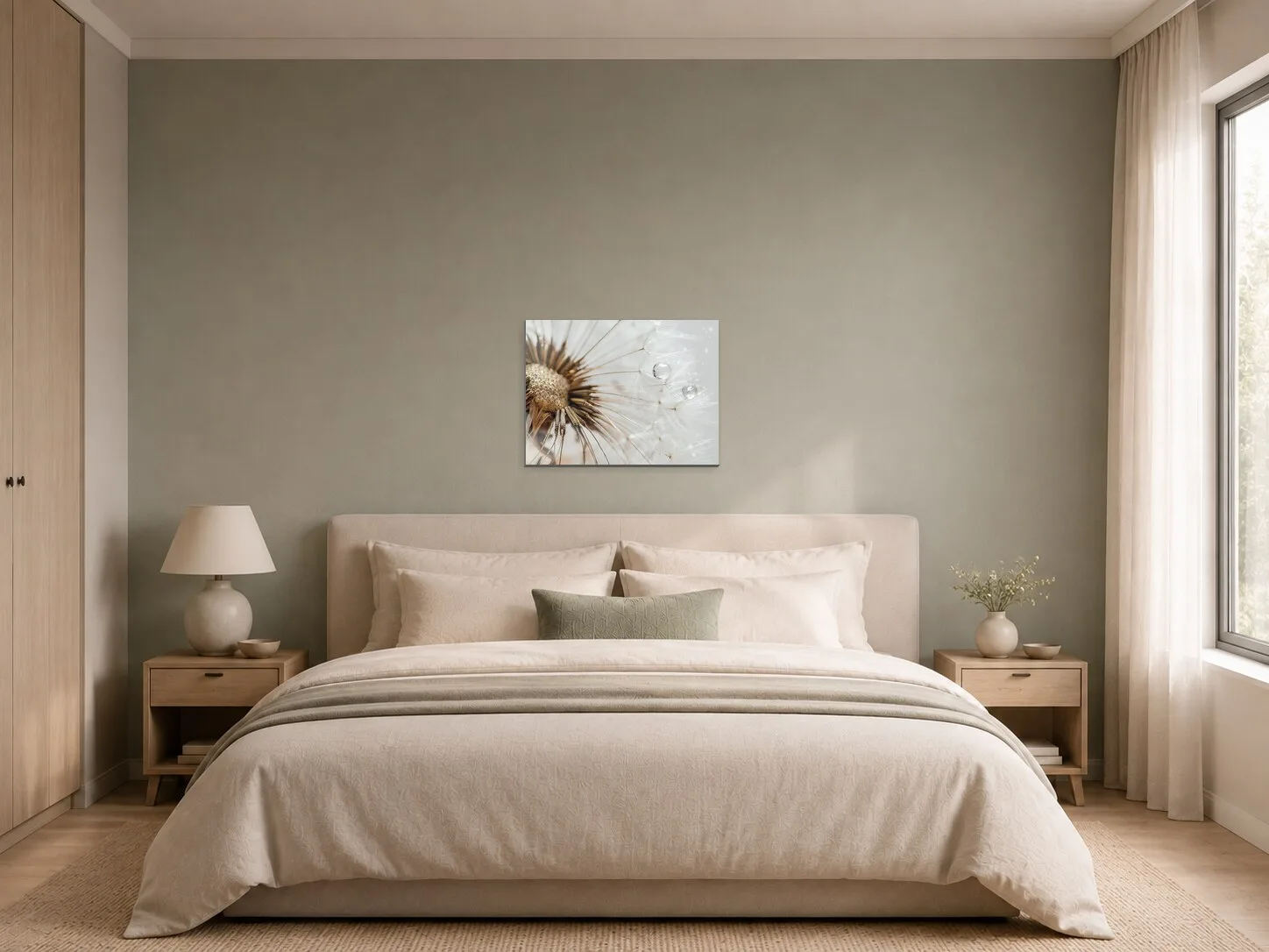 Detail odkvetlé pampelišky s kapkami rosy v ložnici