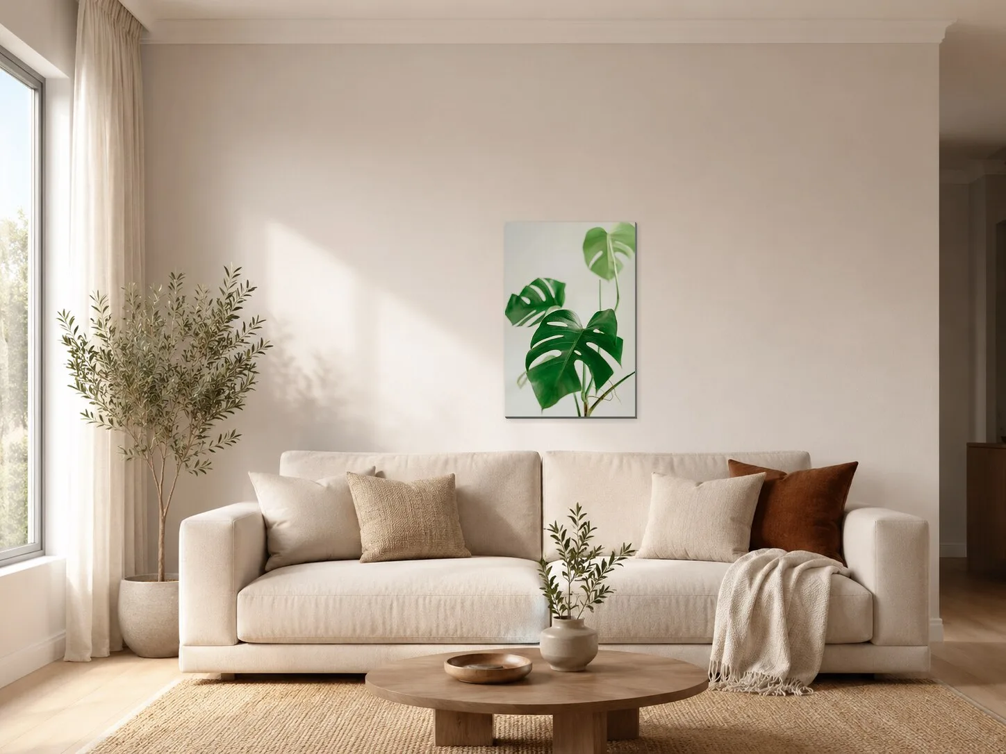 Monstera v jemných tónech v obývacím pokoji