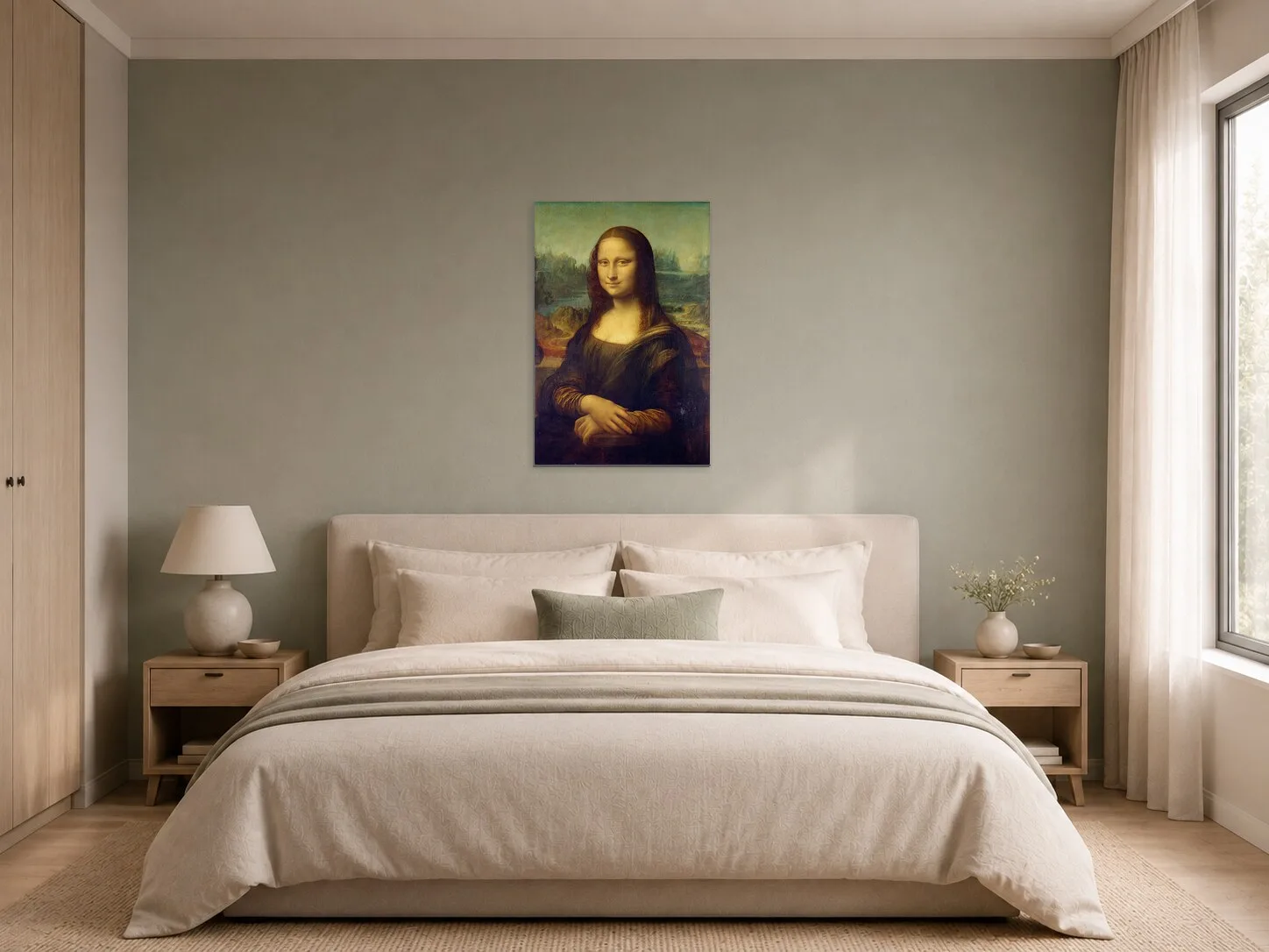 Mona Lisa – portrét ženy v renesanční krajině v ložnici
