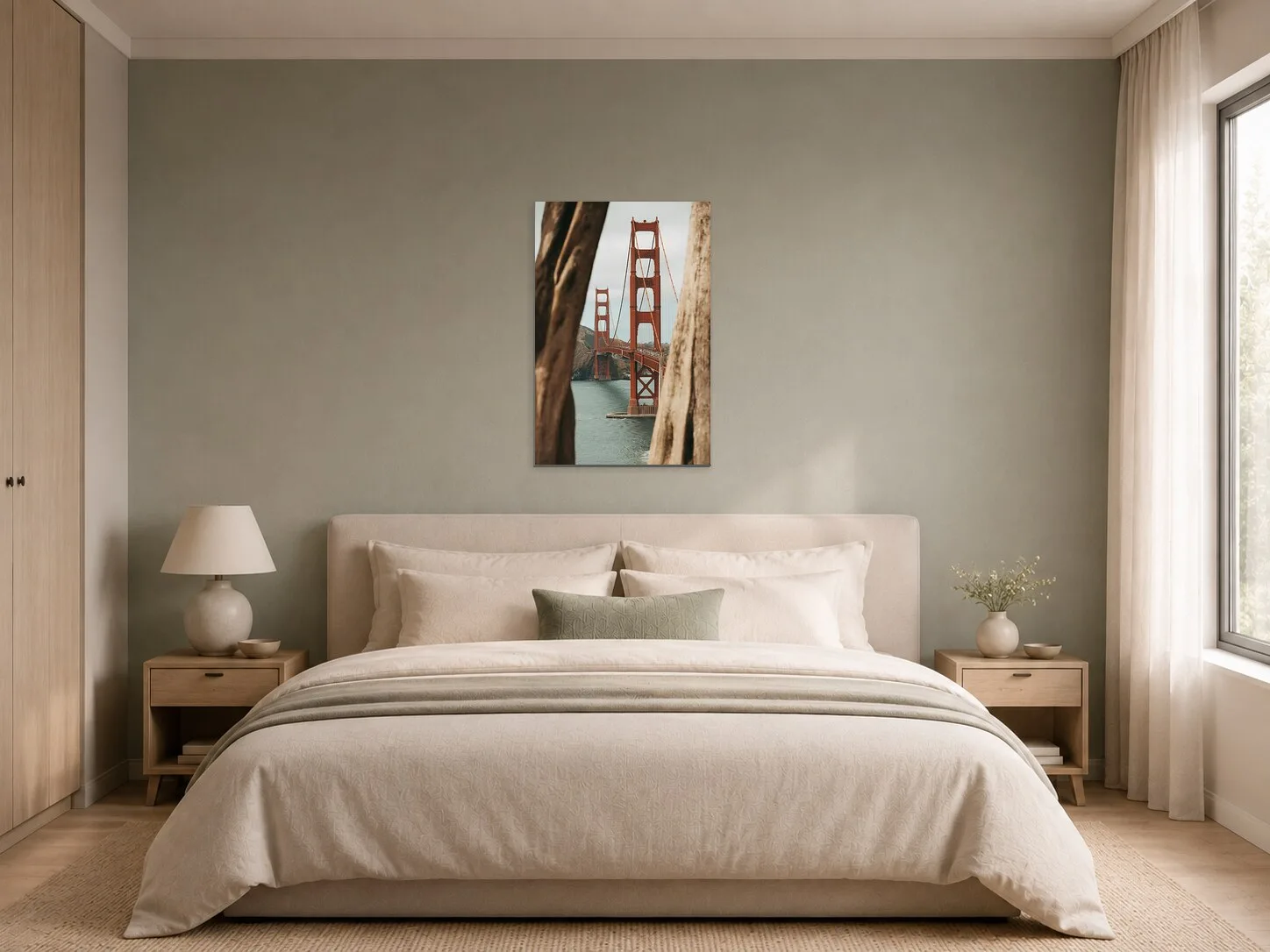 Golden Gate Bridge mezi kmeny stromů v ložnici