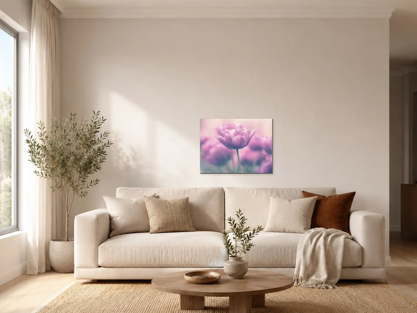 Růžové tulipány v jemném oparu v obývacím pokoji