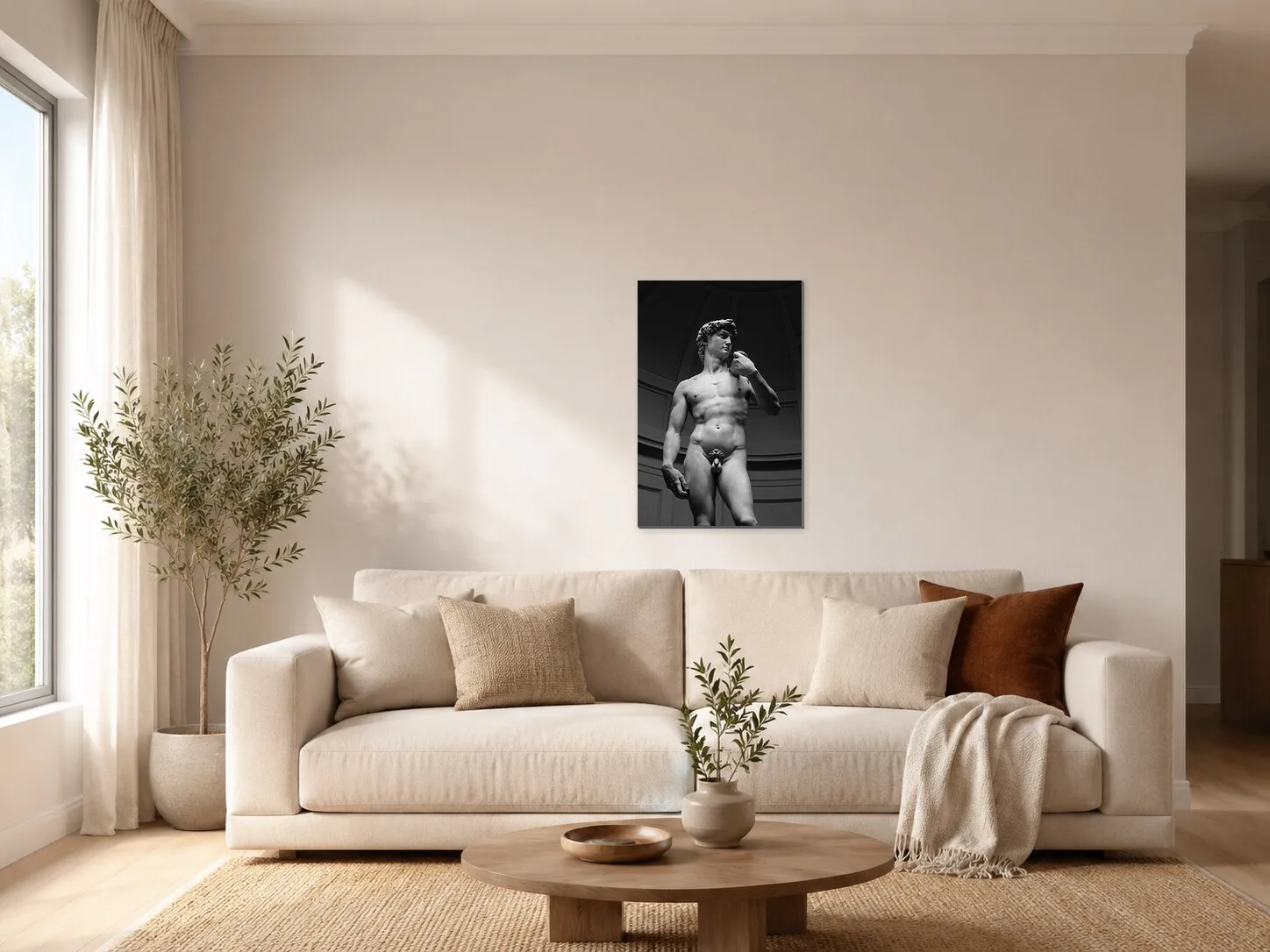 David – černobílá fotografie renesanční sochy v obývacím pokoji