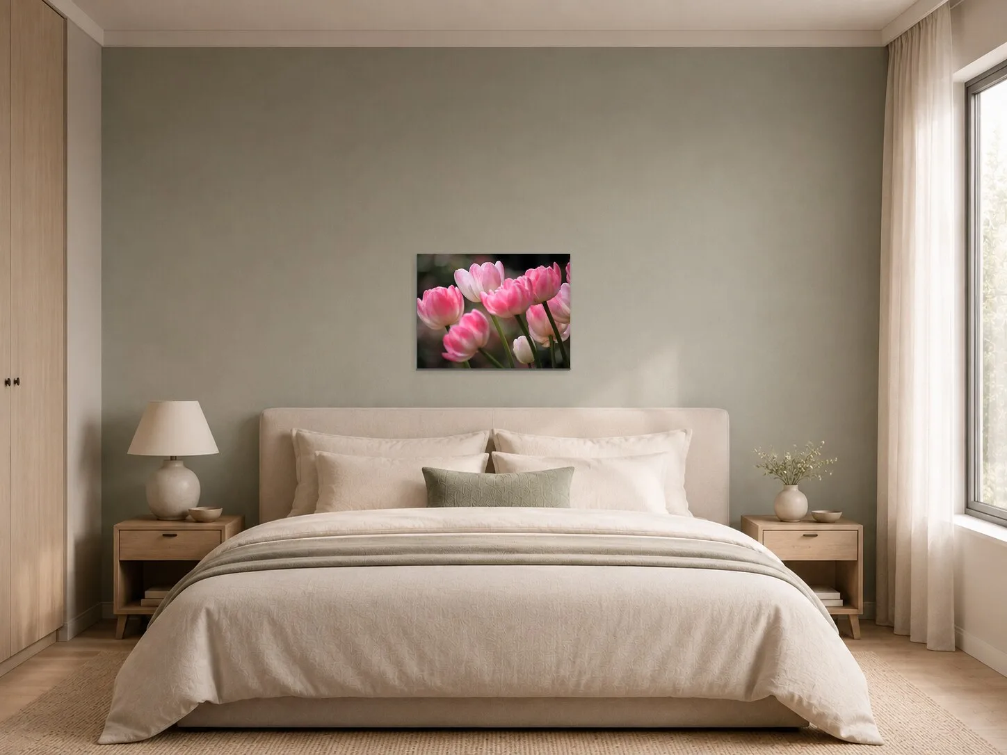 Růžové tulipány v jemném světle v ložnici